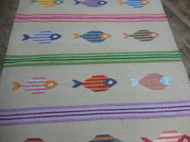 4' x 6' Ft. Fun Colorful Fish Design Turkish Oushak Kilim Hand Knotted Wool Area Rug – BR3053