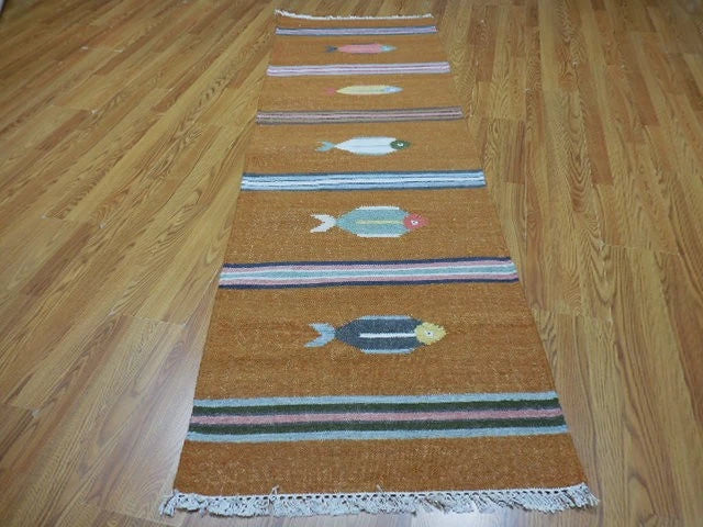 2.6' x 8' Ft. Fun Contemporary Colorful Fish Design Turkish Kilim Hand Knotted Wool Rug / Runner - BR3055