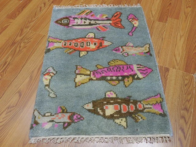 2' x 3' Ft. Fun Fish/Sea Design Turkish Oushak Bohemian Hand Knotted Wool Area Rug - BR2671