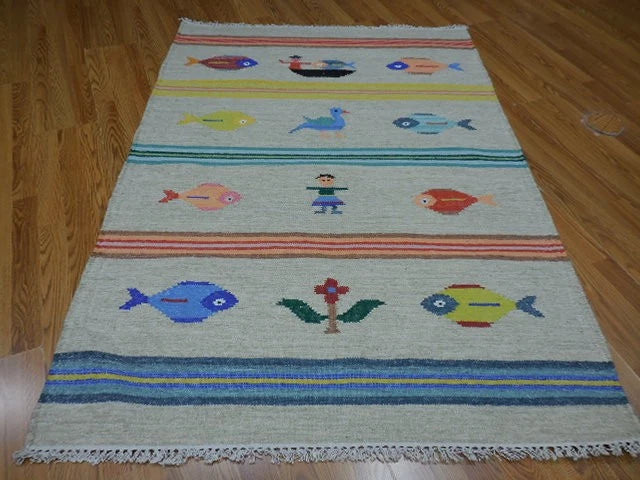 4' x 6' Ft. Fun Colorful Fish & Farm Design Turkish Oushak Kilim Hand Knotted Wool Area Rug – B3058