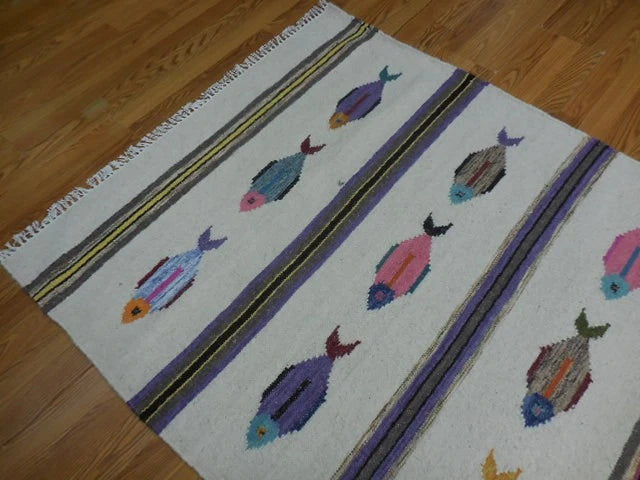 4' x 6' Ft. Fun Colorful Contemporary Fish Design Turkish Oushak Kilim Hand Knotted Wool Area Rug – BR3101