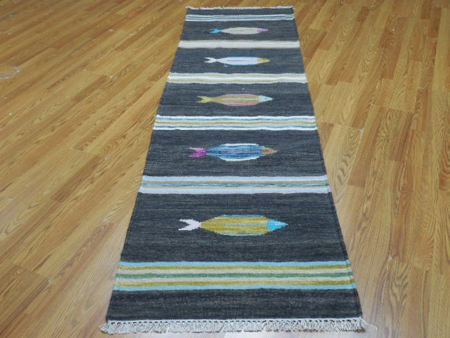 2.7' x 8' Ft. Fun Colorful Fish Design Turkish Kilim Hand Knotted Wool Rug / Runner - BR3006