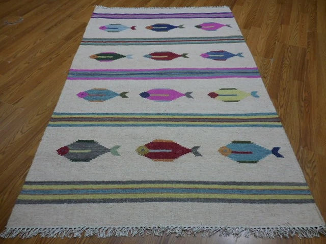 4' x 6' Ft. Fun Colorful Fish Design Turkish Oushak Kilim Hand Knotted Wool Area Rug – BR3049