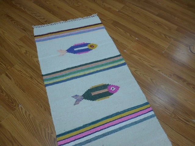 2' x 6' Ft. Fun Colorful Fish Design Turkish Hand Knotted Kilim Wool Rug / Runner - BR3036