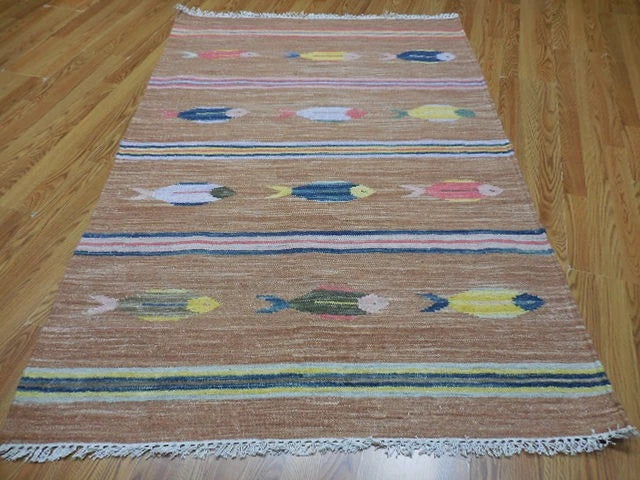 4' x 6' Ft. Fun Colorful Contemporary Fish Design Turkish Oushak Kilim Hand Knotted Wool Area Rug – BR3065