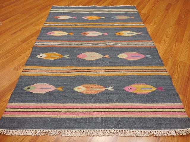 4' x 6' Ft. Fun Colorful Fish Design Turkish Oushak Hand Knotted Kilim Wool Area Rug - BR3037