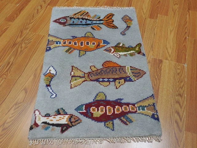 2' x 3' Ft. Fun Fish/Sea Design Turkish Oushak Bohemian Hand Knotted Wool Area Rug - BR2658