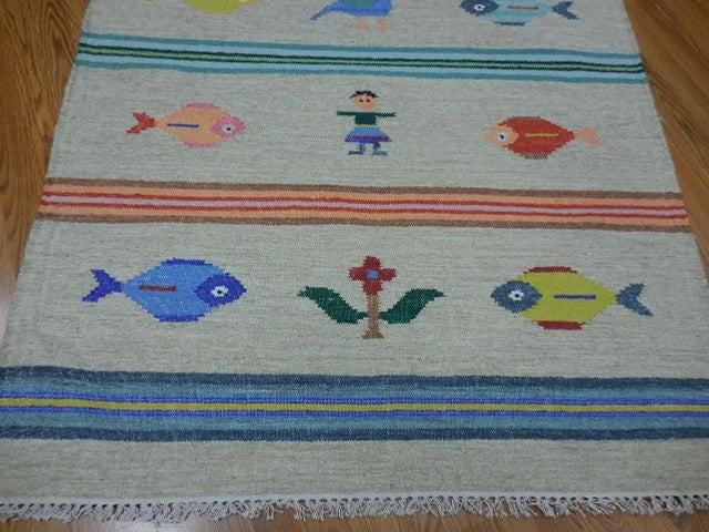 4' x 6' Ft. Fun Colorful Fish & Farm Design Turkish Oushak Kilim Hand Knotted Wool Area Rug – B3058