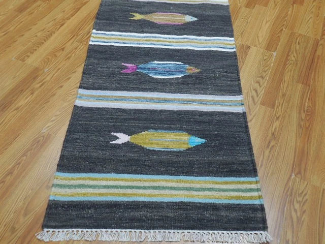 2.7' x 8' Ft. Fun Colorful Fish Design Turkish Kilim Hand Knotted Wool Rug / Runner - BR3006