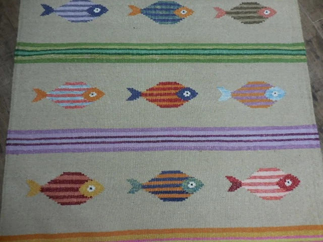 4' x 6' Ft. Fun Colorful Fish Design Turkish Oushak Kilim Hand Knotted Wool Area Rug – BR3053