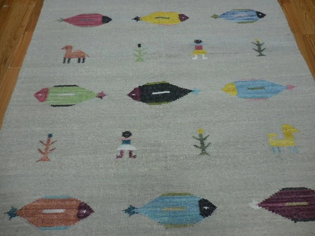 5' x 8' Ft. Fun Colorful Fish / Farm Design Turkish Oushak Hand Knotted Wool Area Rug - BR3064