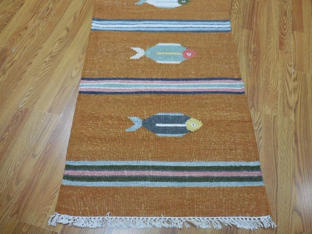 2.6' x 8' Ft. Fun Contemporary Colorful Fish Design Turkish Kilim Hand Knotted Wool Rug / Runner - BR3055