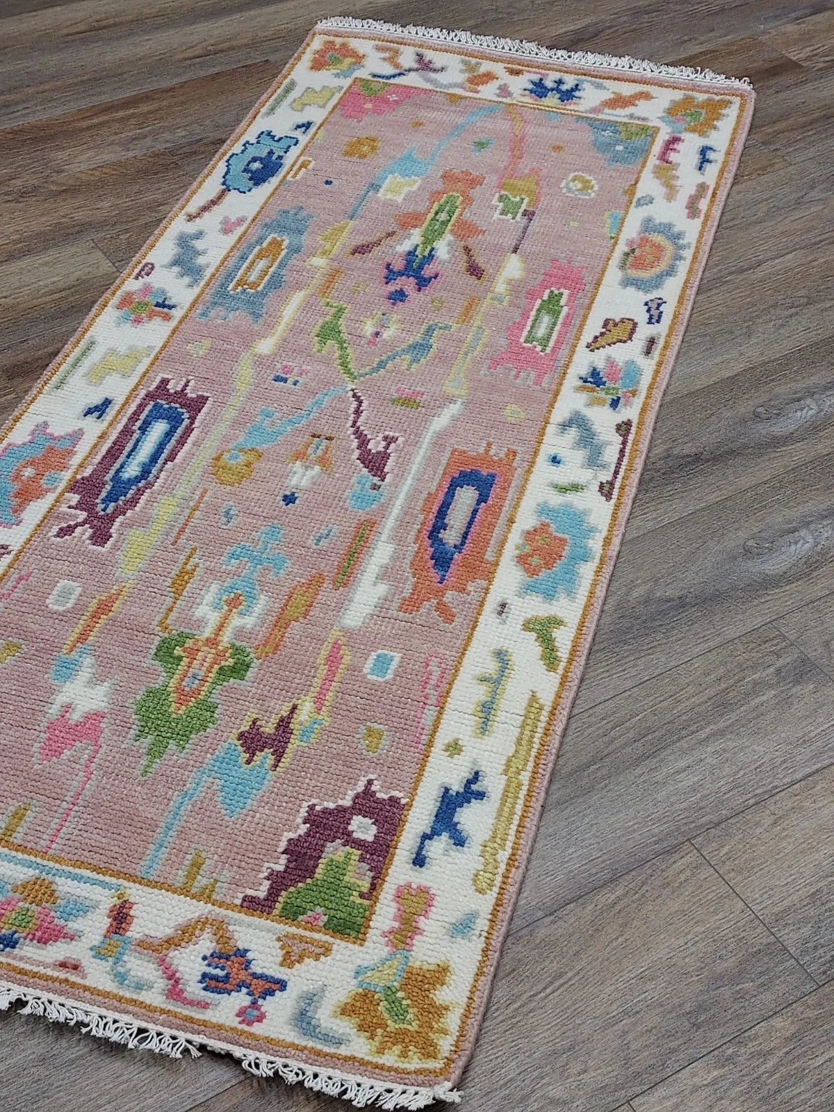2.6' x 6' Ft. Pink Turkish Bohemian Oushak Hand Knotted Wool Runner / Rug