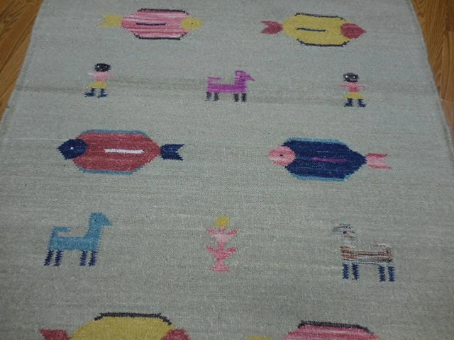 4' x 6' Ft. Fun Colorful Fish Design Turkish Oushak Hand Knotted Kilim Wool Area Rug - BR3027