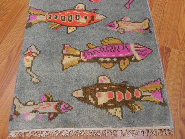 2' x 3' Ft. Fun Fish/Sea Design Turkish Oushak Bohemian Hand Knotted Wool Area Rug - BR2671