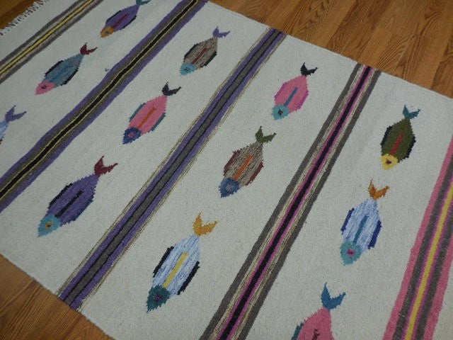 4' x 6' Ft. Fun Colorful Contemporary Fish Design Turkish Oushak Kilim Hand Knotted Wool Area Rug – BR3101