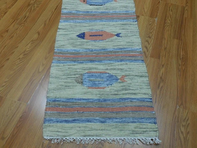 2' x 6' Ft. Fun Colorful Fish Design Turkish Kilim Hand Knotted Wool Rug / Runner - BR2659
