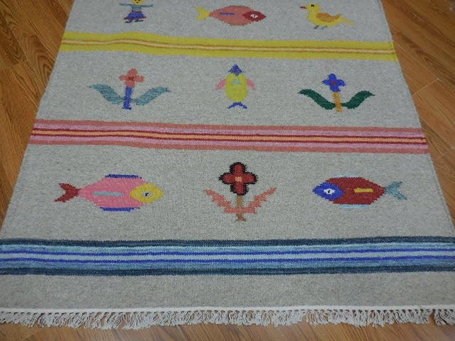4' x 6' Ft. Fun Colorful Fish / Farm Design Turkish Oushak Hand Knotted Kilim Wool Area Rug - BR3051