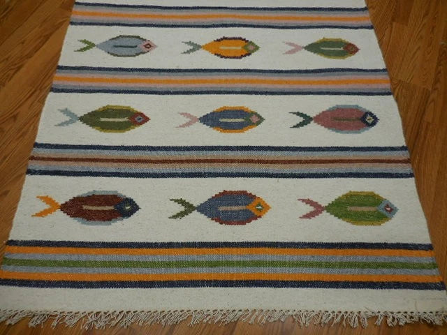 4' x 6' Ft. Fun Colorful Fish Design Turkish Oushak Kilim Hand Knotted Wool Area Rug – BR30266