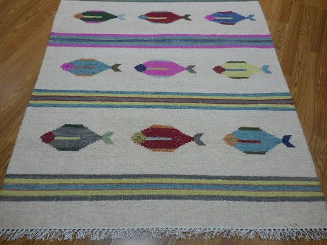 4' x 6' Ft. Fun Colorful Fish Design Turkish Oushak Kilim Hand Knotted Wool Area Rug – BR3049