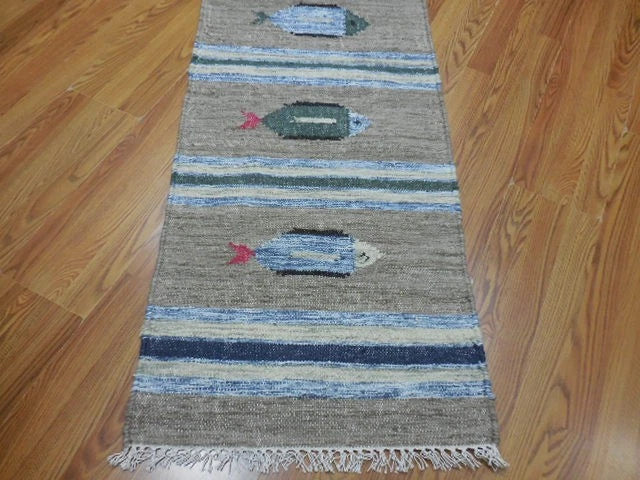 2' x 6' Ft. Fun Colorful Fish Design Turkish Hand Knotted Kilim Wool Rug / Runner - BR3024