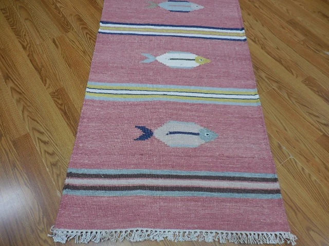 2.7' x 8' Ft. Fun Contemporary Colorful Fish Design Turkish Kilim Hand Knotted Wool Runner / Rug