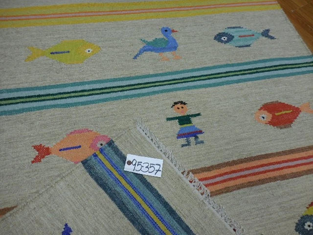 4' x 6' Ft. Fun Colorful Fish & Farm Design Turkish Oushak Kilim Hand Knotted Wool Area Rug – B3058