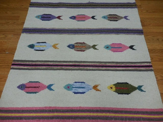 4' x 6' Ft. Fun Colorful Contemporary Fish Design Turkish Oushak Kilim Hand Knotted Wool Area Rug – BR3101
