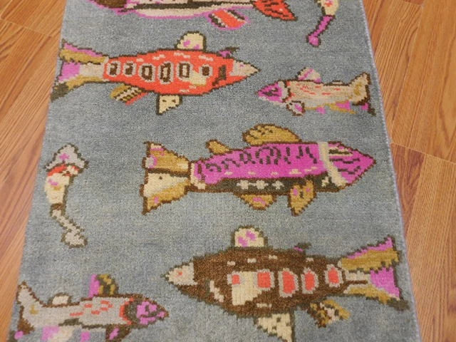 2' x 3' Ft. Fun Fish/Sea Design Turkish Oushak Bohemian Hand Knotted Wool Area Rug - BR2671
