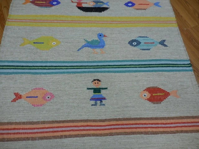 4' x 6' Ft. Fun Colorful Fish & Farm Design Turkish Oushak Kilim Hand Knotted Wool Area Rug – B3058