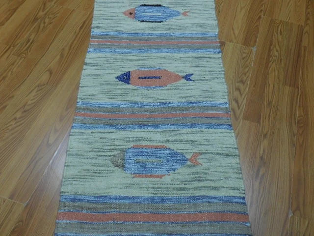 2' x 6' Ft. Fun Colorful Fish Design Turkish Kilim Hand Knotted Wool Rug / Runner - BR2659