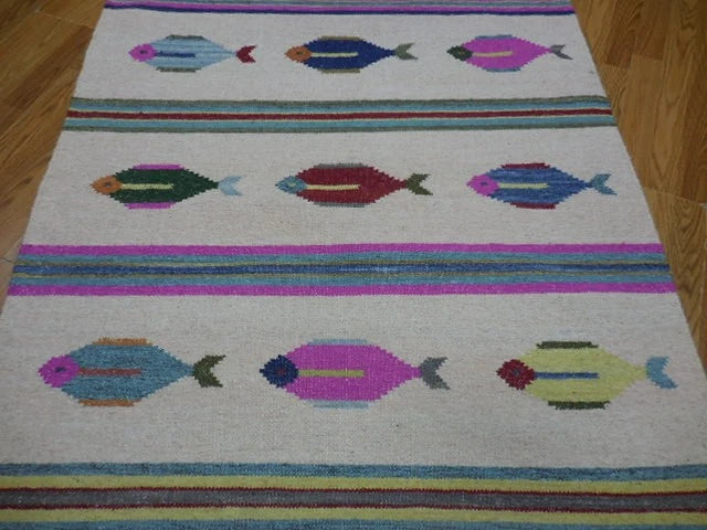 4' x 6' Ft. Fun Colorful Fish Design Turkish Oushak Kilim Hand Knotted Wool Area Rug – BR3049