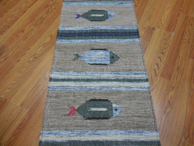 2' x 6' Ft. Fun Colorful Fish Design Turkish Hand Knotted Kilim Wool Rug / Runner - BR3024
