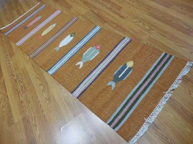 2.6' x 8' Ft. Fun Contemporary Colorful Fish Design Turkish Kilim Hand Knotted Wool Rug / Runner - BR3055