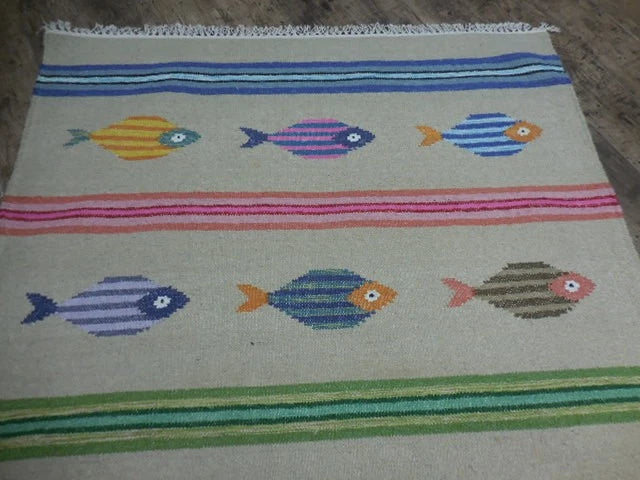 4' x 6' Ft. Fun Colorful Fish Design Turkish Oushak Kilim Hand Knotted Wool Area Rug – BR3053