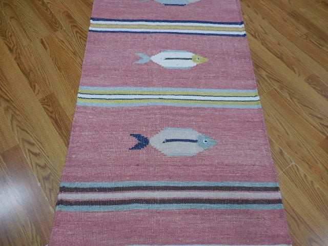 2.7' x 8' Ft. Fun Contemporary Colorful Fish Design Turkish Kilim Hand Knotted Wool Runner / Rug
