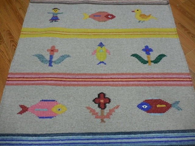 4' x 6' Ft. Fun Colorful Fish / Farm Design Turkish Oushak Hand Knotted Kilim Wool Area Rug - BR3051