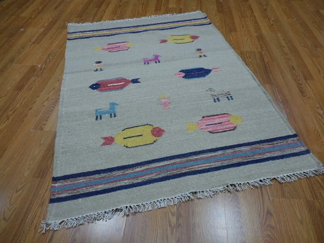 4' x 6' Ft. Fun Colorful Fish Design Turkish Oushak Hand Knotted Kilim Wool Area Rug - BR3027