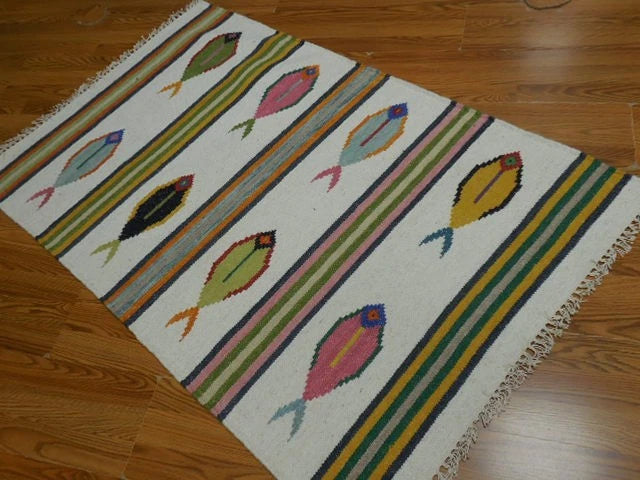 3' x 5' Ft. Fun Colorful Contemporary Fish Design Turkish Oushak Kilim Hand Knotted Wool Area Rug – BR3100