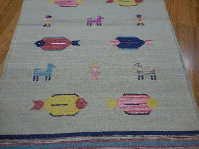 4' x 6' Ft. Fun Colorful Fish Design Turkish Oushak Hand Knotted Kilim Wool Area Rug - BR3027