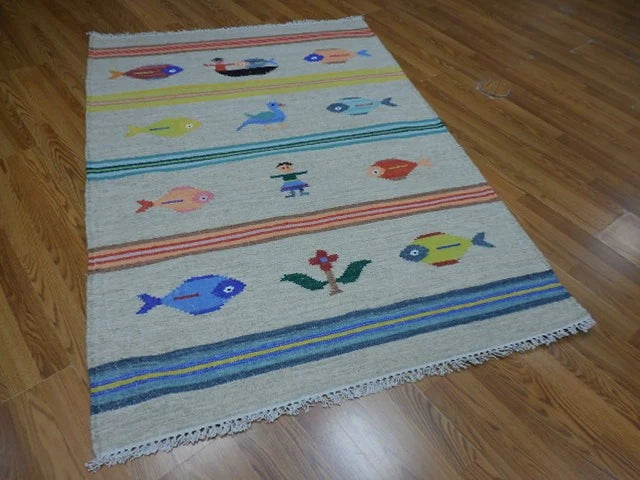 4' x 6' Ft. Fun Colorful Fish & Farm Design Turkish Oushak Kilim Hand Knotted Wool Area Rug – B3058