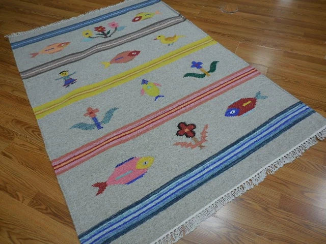 4' x 6' Ft. Fun Colorful Fish / Farm Design Turkish Oushak Hand Knotted Kilim Wool Area Rug - BR3051
