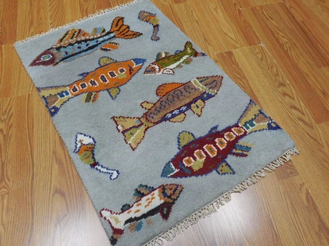 2' x 3' Ft. Fun Fish/Sea Design Turkish Oushak Bohemian Hand Knotted Wool Area Rug - BR2658