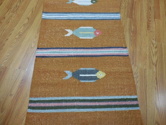 2.6' x 8' Ft. Fun Contemporary Colorful Fish Design Turkish Kilim Hand Knotted Wool Rug / Runner - BR3055