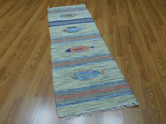 2' x 6' Ft. Fun Colorful Fish Design Turkish Kilim Hand Knotted Wool Rug / Runner - BR2659