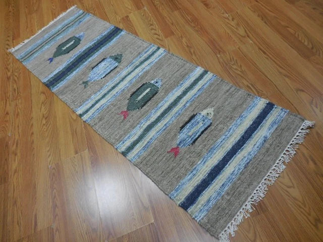 2' x 6' Ft. Fun Colorful Fish Design Turkish Hand Knotted Kilim Wool Rug / Runner - BR3024