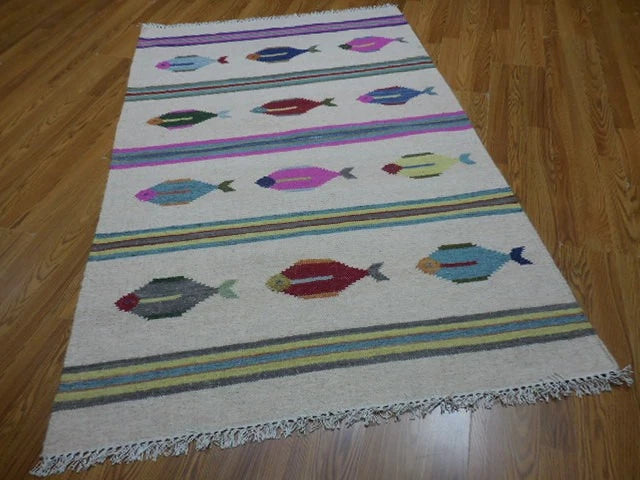 4' x 6' Ft. Fun Colorful Fish Design Turkish Oushak Kilim Hand Knotted Wool Area Rug – BR3049