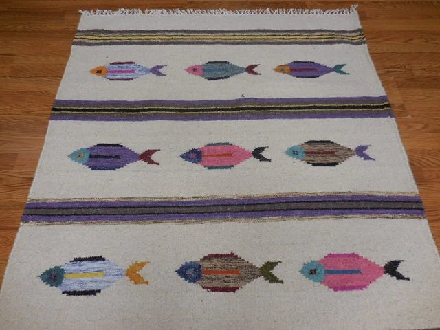 4' x 6' Ft. Fun Colorful Contemporary Fish Design Turkish Oushak Kilim Hand Knotted Wool Area Rug – BR3101