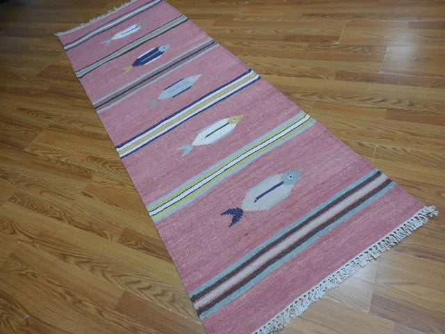 2.7' x 8' Ft. Fun Contemporary Colorful Fish Design Turkish Kilim Hand Knotted Wool Runner / Rug