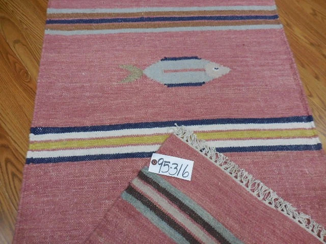 2.7' x 8' Ft. Fun Contemporary Colorful Fish Design Turkish Kilim Hand Knotted Wool Runner / Rug